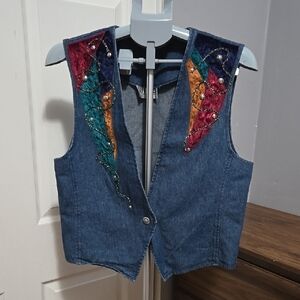 Colorful Vintage Embroidered Denim Vest Boho Hippie Festival Funky